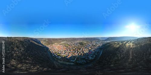 Aerial 360-degree panoramic view of the medieval town - Blaubeuren, in the Swabian Alb region of southern Germany. photo