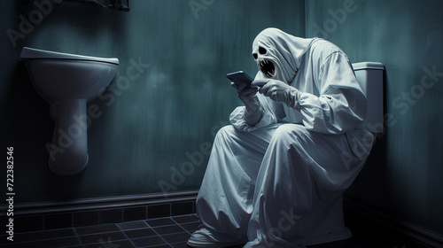 Ghost sitting in bathroom using smartphone