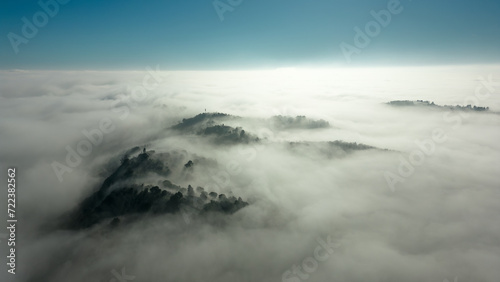 Italy, January 28, 2024: aerial view of the San Bartolo park immersed in autumn fog. We are near Pesaro and Romagna in the Marche region