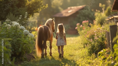 A little girl walks through a green beautiful garden with a little pony