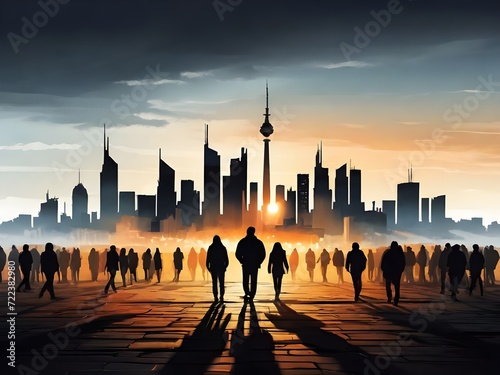 Illustration einer Gruppe Menschen vor der Silhouette einer modernen Stadt