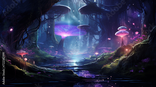 Beautiful magical forest with glowing lights and mushrooms