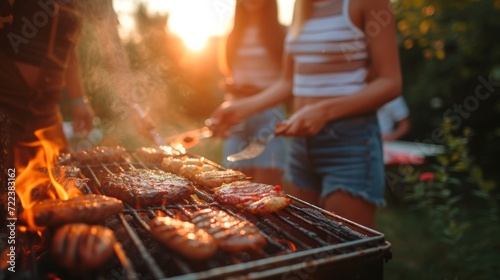 A group of young people are making a grill. Blurred background of a beautiful...