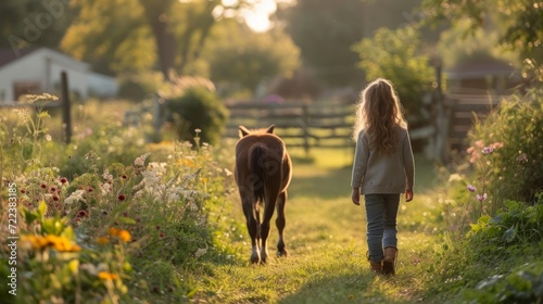 A little girl walks through a green beautiful garden with a little pony