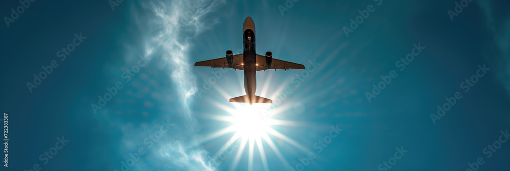 Low angle view of a striking silhouette of an airplane flying directly overhead, with the sun's radiant glow creating a dramatic backlit effect against the clear blue sky. Low angle view of a striking silhouette of an airplane flying directly overhead, with the sun's radiant glow creating a dramatic backlit effect against the clear blue sky.