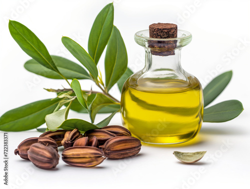 Glass bottle with jojoba oil and seeds on white background photo