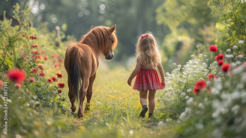 A little girl walks through a green beautiful garden with a little pony photo