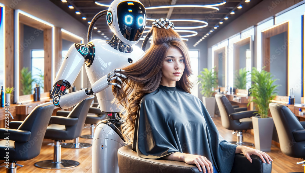 AI robot hairdresser with maniacal expression is styling woman's hair in modern salon