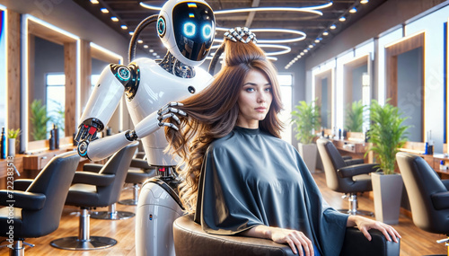AI robot hairdresser with maniacal expression is styling woman s hair in modern salon  futuristic beauty and technology concept.