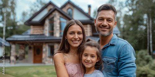 A happy American family stands on the lawn near their house and looks at the ...
