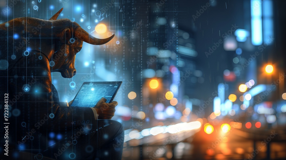 Bull market anamorphic bull in suit, armchair in trading center, uptrend, growth concept Bull market anamorphic bull in suit, armchair in trading center, uptrend, growth concept