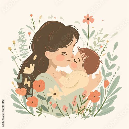 mother and baby illustration , hugging , love, cards , flowers and plants in background