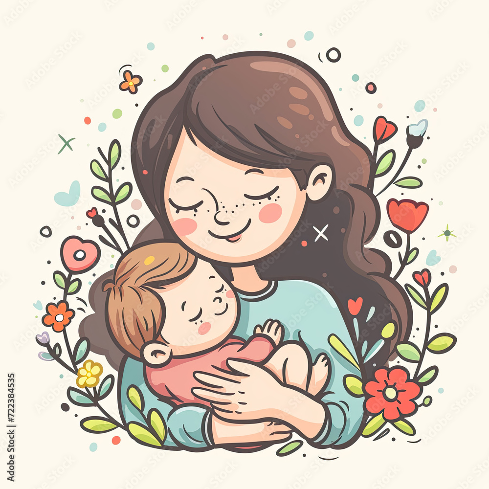 mother holding baby with love and care illustration , hugging , love, cards , flowers and plants in background mother holding baby with love and care illustration , hugging , love, cards , flowers and plants in background