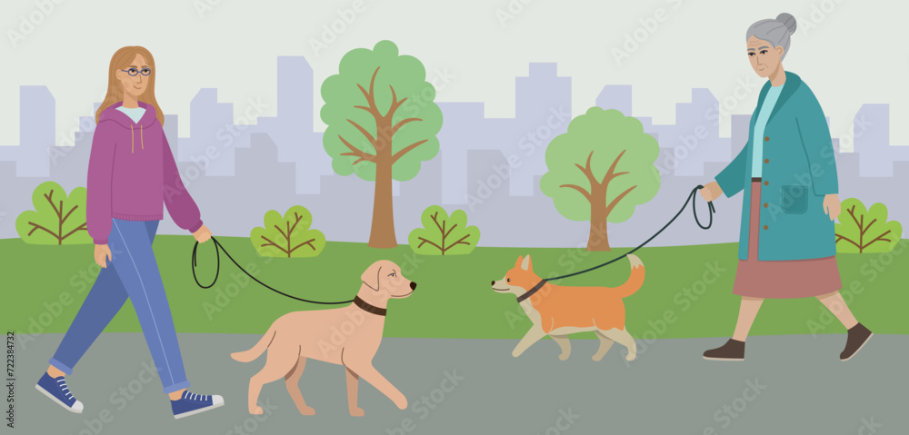 Vector illustration of women on a walk with their dogs in the park. Colorful flat concept 