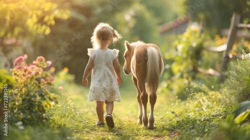 A little girl walks through a green beautiful garden with a little pony