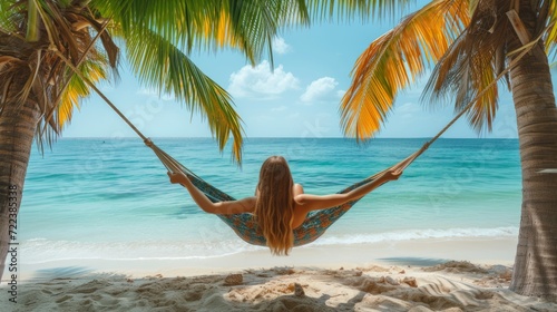 A beautiful girl in a bikini lies in a hammock between palm trees on the ocea...