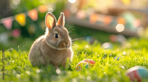 A beautiful fluffy Easter bunny hides colorful eggs in the green grass and lo...