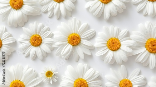 Scattered white daisy petals on minimalist white background  flat lay aesthetic top view