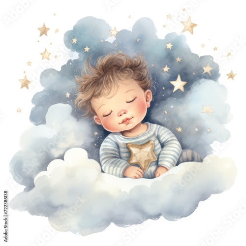 A baby sleeping on a cloud with stars surrounding him.