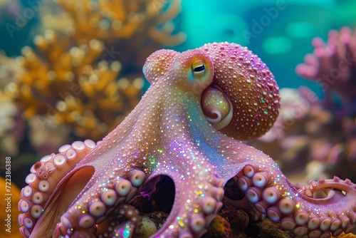 close up of an octopus bedazzled with many shiny crystals, colorful coral reef in background, jewelrly ad