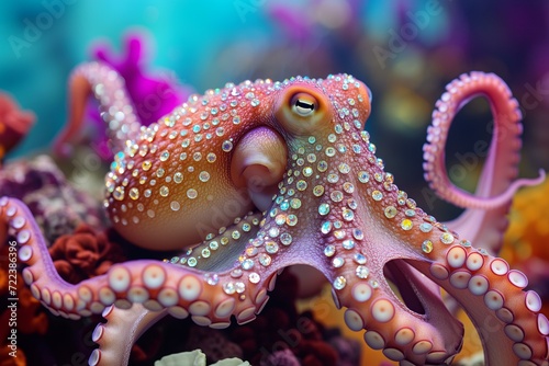 close up of an octopus bedazzled with many shiny crystals, colorful coral reef in background, jewelrly ad © World of AI