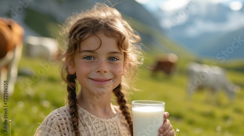 A beautiful girl with a glass of milk in her hand looks smiling at the camera