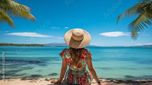 Happy woman enjoying a relaxing summer beach vacation with palm trees and sea beach
