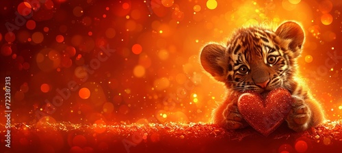 Cute tiger cub presenting heart shaped gift on blurred magical background for valentine s day photo