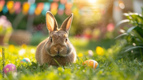 A beautiful fluffy Easter bunny hides colorful eggs in the green grass and lo...