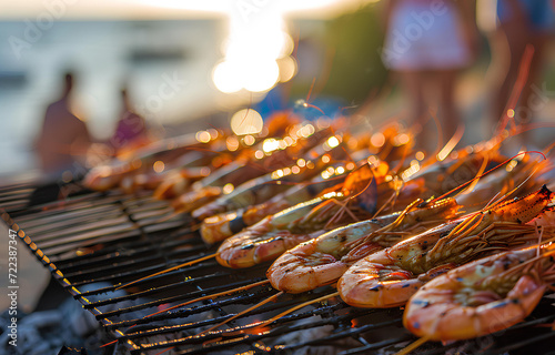 Barbecue shrimps on grille on people party seaside blurred backg