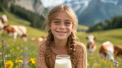A beautiful girl with a glass of milk in her hand looks smiling at the camera