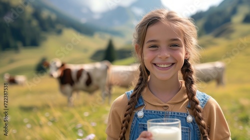 A beautiful girl with a glass of milk in her hand looks smiling at the camera
