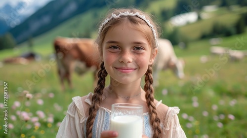 A beautiful girl with a glass of milk in her hand looks smiling at the camera