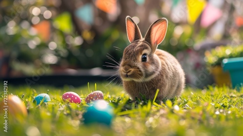 A beautiful fluffy Easter bunny hides colorful eggs in the green grass and lo...