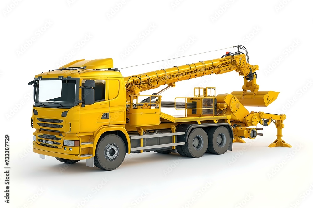 Bright yellow construction crane truck on white background. detailed miniature model. ideal for construction industry themes. AI