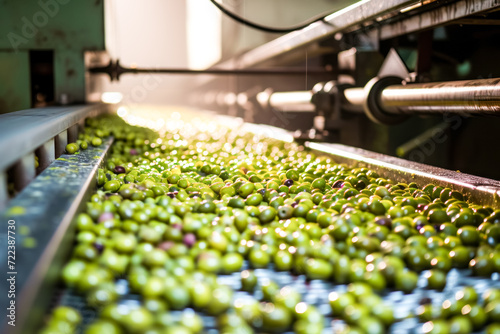 Detail of olives during the industrial process of olive oil extraction inside a factory.