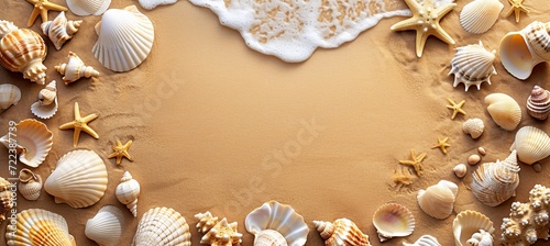 White and beige seashells and starfish on sandy beach summer travel design background