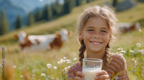 A beautiful girl with a glass of milk in her hand looks smiling at the camera