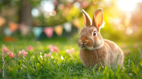 A beautiful fluffy Easter bunny hides colorful eggs in the green grass and looks at the camera