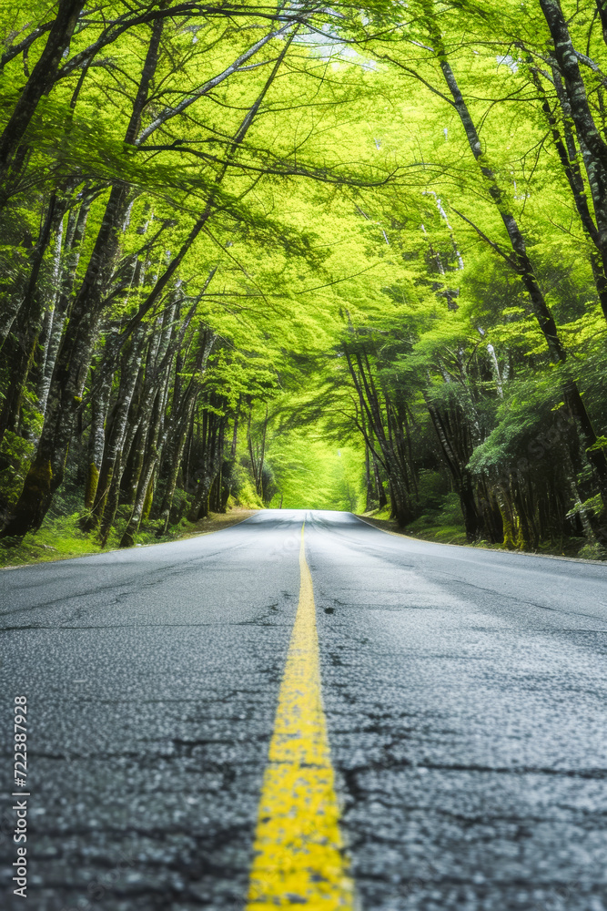 Obraz premium Ground level view of an empty road through a lush forest in spring.