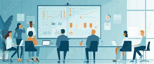 Business plan. The team discusses the business strategy. Vector illustration.