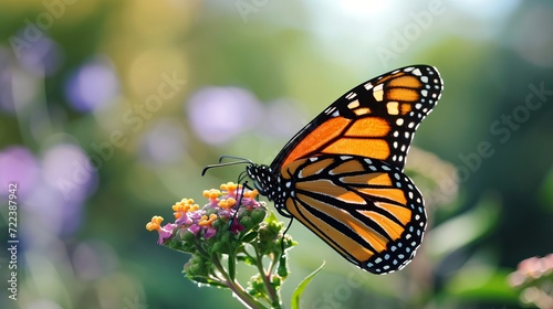Monarch Butterfly Perched on Colorful Flowers with Sunlit Background © Arslan
