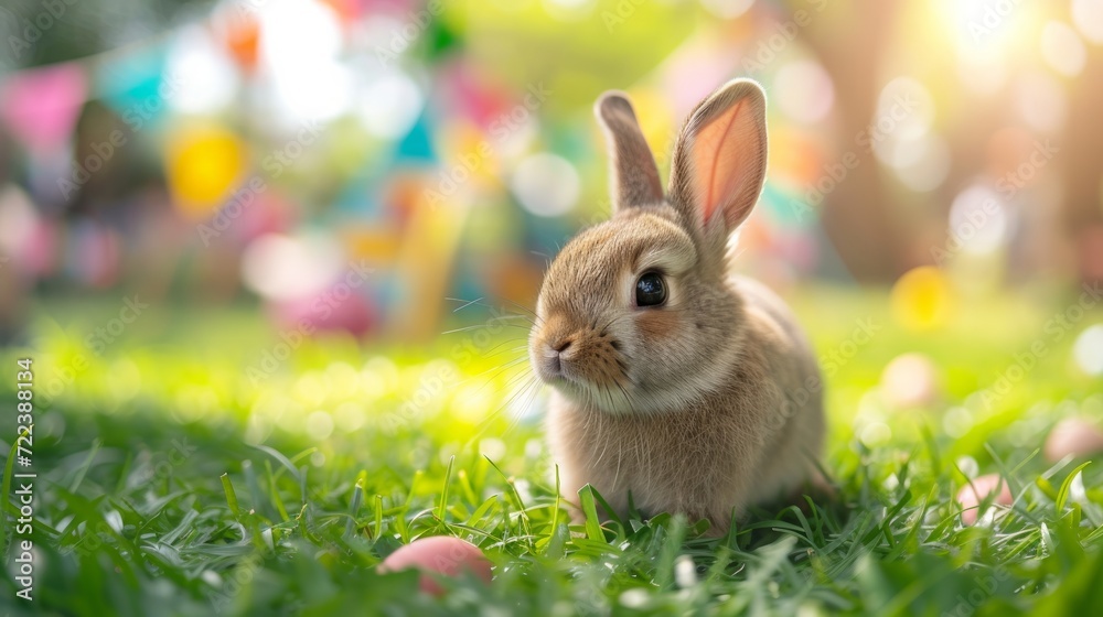A beautiful fluffy Easter bunny hides colorful eggs in the green grass and looks at the camera A beautiful fluffy Easter bunny hides colorful eggs in the green grass and looks at the camera