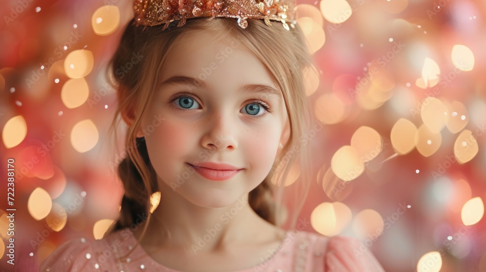 A beautiful 10-year-old girl in a pink dress and a gold crown on her head looks at the camera, smiling A beautiful 10-year-old girl in a pink dress and a gold crown on her head looks at the camera, smiling