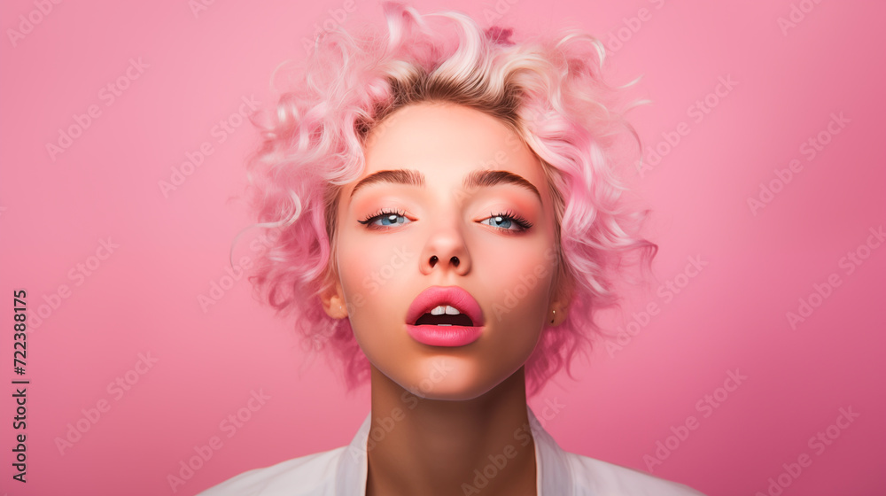 Young positive Caucasian woman with bob hairstyle, has happy look on pink background 