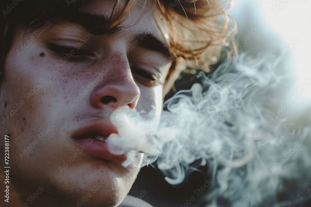 Close up young man smoking cigarette, Teen exhales cigarette smoke, Nicotine addiction Close up young man smoking cigarette, Teen exhales cigarette smoke, Nicotine addiction