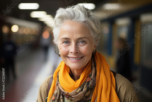 Portrait of happy senior woman at railway station. Aged female passenger travelling photo