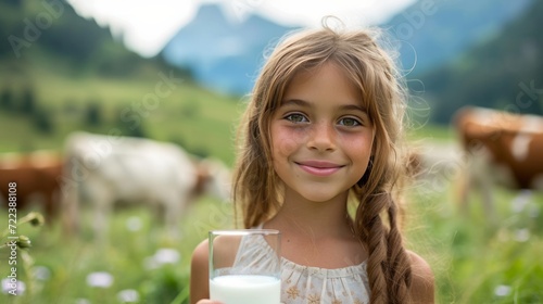 A beautiful girl with a glass of milk in her hand looks smiling at the camera