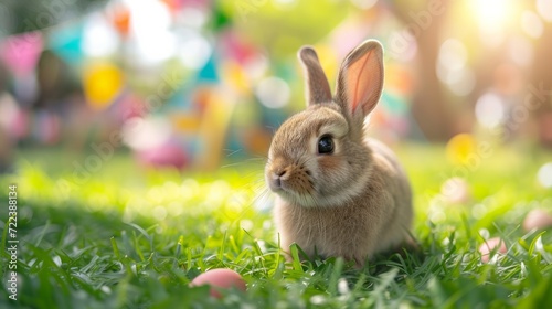A beautiful fluffy Easter bunny hides colorful eggs in the green grass and lo...