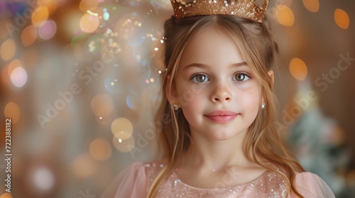 A beautiful 10-year-old girl in a pink dress and a gold crown on her head looks at the camera, smiling